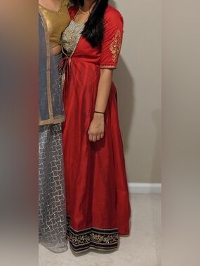 Red Embroidered Floor-Length Dress Blouse, Lehenga, Jacket Set